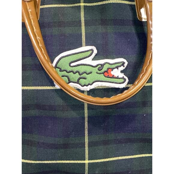 Vintage Lacoste Plaid Canvas Tote Bag Green Blue Brown Trim Retro Preppy - Picture 2 of 15